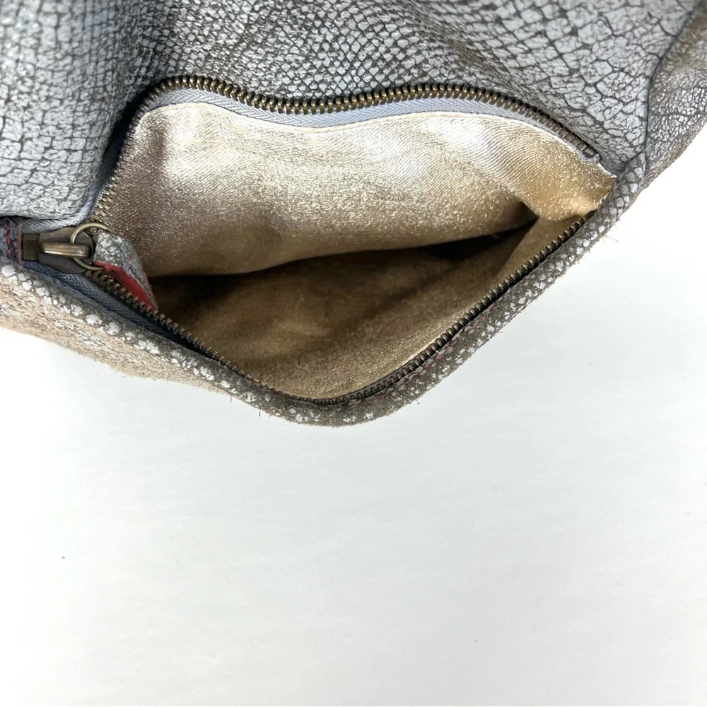LIEBESKIND Berlin Gray Snake Print Leather Red Stitching Flap Shoulder Bag Tote